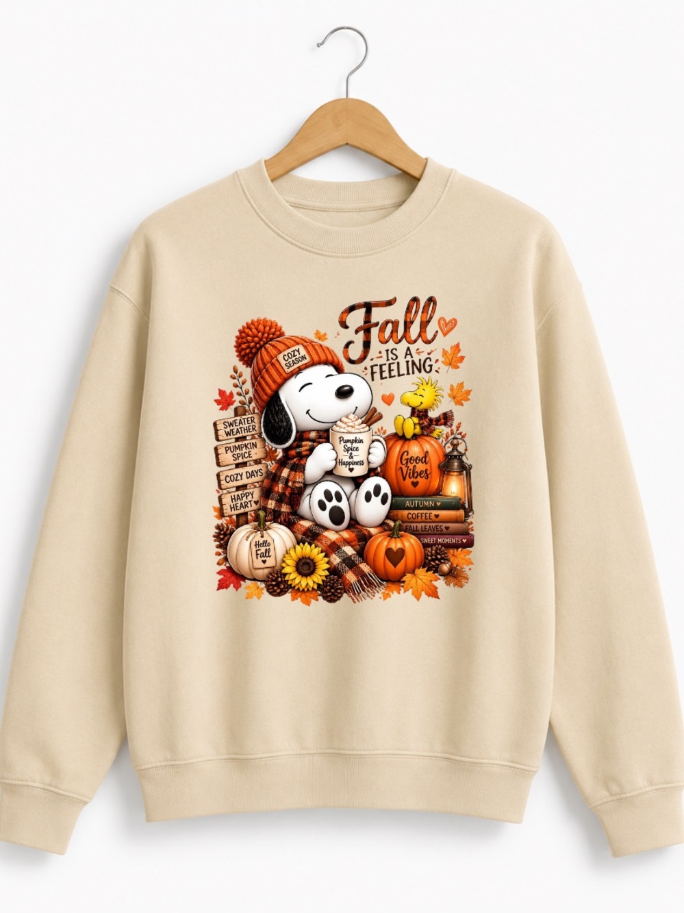 Sand Crewneck Sweatshirt with Orange & Brown Snoopy Fall Graphic